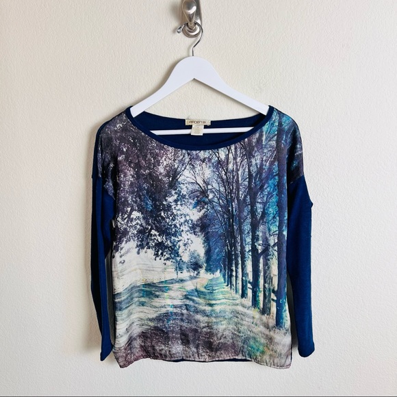 Arden B. Forest Scene Graphic Chiffon Knit Blue long Sleeve Blouse - Picture 1 of 7